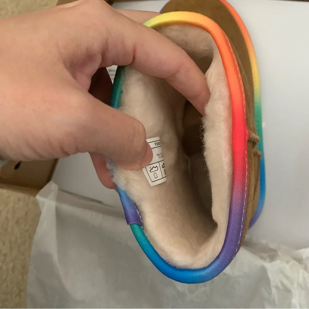 UGG Kids Chestnut Suede Boots with Rainbow Sole Trim